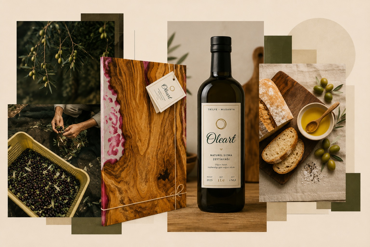 Oleart naturel sızma zeytinyağı şişesi; yanında zeytin dalları, hasat sepeti, zeytin ağacı kesim tahtası ve ekmekle zeytinyağı sofrası